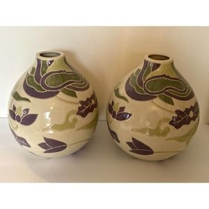 Pair of RareVintage Norcal New England Pottery Stylized Incised Floral Vases